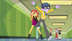 Size: 1920x1080 | Tagged: safe, screencap, character:microchips, character:nolan north, character:starlight, character:sunset shimmer, equestria girls:forgotten friendship, g4, my little pony:equestria girls, canterlot high, clothing, converse, female, geode of empathy, glasses, legs, lockers, magical geodes, male, nolan north, pants, shoes, sneakers, starlight, teddy t. touchdown