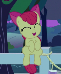 Size: 459x554 | Tagged: safe, screencap, character:apple bloom, species:earth pony, species:pony, episode:going to seed, g4, my little pony: friendship is magic, adorabloom, bow, cropped, cute, eyes closed, female, fence, filly, hair bow, open mouth, sitting, solo