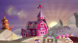 Size: 2100x1180 | Tagged: safe, screencap, episode:going to seed, g4, my little pony: friendship is magic, apple tree, building, dawn, farm, hill, lens flare, morning, no pony, sun, sunrise, sweet apple acres, tree