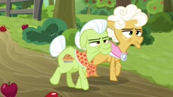 Size: 1920x1080 | Tagged: safe, screencap, character:goldie delicious, character:granny smith, species:earth pony, species:pony, episode:going to seed, g4, my little pony: friendship is magic, apple, apple tree, duo, female, food, mare, tree, walking