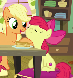 Size: 427x456 | Tagged: safe, screencap, character:apple bloom, character:applejack, species:earth pony, species:pony, episode:going to seed, g4, my little pony: friendship is magic, adorabloom, apple sisters, cropped, cute, duo, eyes closed, female, filly, foal, food, mare, pancakes, raised chin, siblings, sisters, sitting