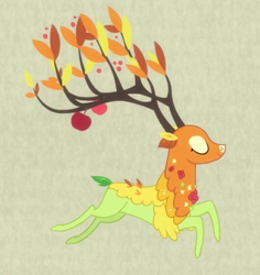 Size: 412x437 | Tagged: safe, screencap, character:the great seedling, species:deer, episode:going to seed, g4, my little pony: friendship is magic, apple, branches for antlers, cropped, dryad, eyes closed, food, leaping, solo, tan background