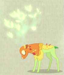 Size: 581x687 | Tagged: safe, screencap, character:the great seedling, species:deer, episode:going to seed, g4, my little pony: friendship is magic, branches for antlers, cropped, dryad, eyes closed, glow, glowing antlers, solo, tan background
