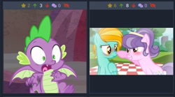 Size: 490x272 | Tagged: safe, screencap, character:lightning dust, character:spike, character:suri polomare, species:dragon, derpibooru, episode:sweet and smoky, g4, my little pony: friendship is magic, claws, cropped, female, juxtaposition, juxtaposition win, lesbian, male, meme, meta, shipping, shocked, suridust, toes, winged spike, wings