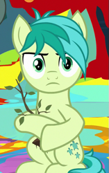 Size: 341x544 | Tagged: safe, screencap, character:sandbar, species:earth pony, species:pony, episode:uprooted, g4, my little pony: friendship is magic, cropped, male, sandbar is not amused, sapling, solo