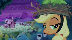 Size: 1920x1080 | Tagged: safe, screencap, character:applejack, species:pony, episode:going to seed, g4, my little pony: friendship is magic, barn, binoculars, helmet, lidded eyes, solo