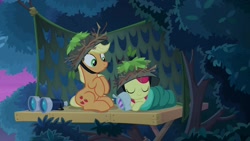 Size: 1920x1080 | Tagged: safe, screencap, character:apple bloom, character:applejack, species:pony, episode:going to seed, g4, my little pony: friendship is magic, binoculars, helmet, night, sleeping