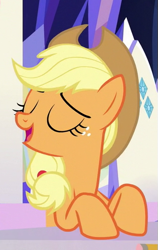 Size: 319x504 | Tagged: safe, screencap, character:applejack, species:earth pony, species:pony, episode:sparkle's seven, g4, my little pony: friendship is magic, applejack's hat, clothing, cowboy hat, cropped, eyes closed, female, hat, rarity's cutie mark, smiling