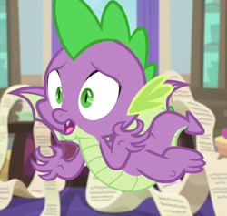 Size: 648x614 | Tagged: safe, screencap, character:spike, species:dragon, episode:the beginning of the end, g4, my little pony: friendship is magic, claws, cropped, desk, flying, male, office, scroll, solo, spread wings, tail, twilight's office, winged spike, wings