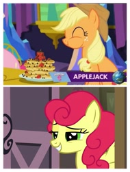 Size: 3106x4096 | Tagged: safe, screencap, character:applejack, character:strawberry sunrise, species:earth pony, species:pegasus, species:pony, episode:castle sweet castle, episode:honest apple, g4, my little pony: friendship is magic, eating, food, grammar error in description, pancakes, strawberry