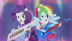 Size: 1280x720 | Tagged: safe, screencap, character:rainbow dash, character:rarity, episode:a perfect day for fun, equestria girls:rainbow rocks, g4, my little pony:equestria girls, clothing, electric guitar, face paint, guitar, keytar, musical instrument, open mouth, ponied up