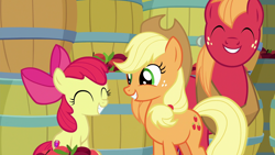 Size: 1920x1080 | Tagged: safe, screencap, character:apple bloom, character:applejack, character:big mcintosh, species:pony, episode:going to seed, g4, my little pony: friendship is magic, adorabloom, applejack's hat, barrel, clothing, cowboy hat, cute, cutie mark, female, filly, hat, horse collar, jackabetes, macabetes, mane bow, smiling, the cmc's cutie marks