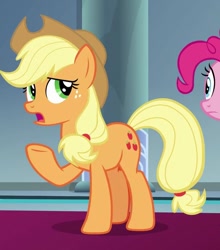 Size: 617x700 | Tagged: safe, screencap, character:applejack, character:pinkie pie, species:earth pony, species:pony, episode:the beginning of the end, g4, my little pony: friendship is magic, applejack's hat, clothing, cowboy hat, cropped, hat, offscreen character, raised hoof