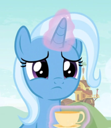 Size: 512x591 | Tagged: safe, screencap, character:trixie, species:pony, species:unicorn, episode:student counsel, cropped, cup, cute, diatrixes, female, levitation, magic, sad, sadorable, solo, teacup, telekinesis, that pony sure does love teacups