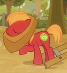 Size: 281x306 | Tagged: safe, screencap, character:big mcintosh, species:earth pony, species:pony, episode:going to seed, g4, my little pony: friendship is magic, colt big macintosh, cropped, eyes closed, male, raised hoof, yoke, younger