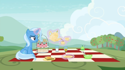 Size: 1920x1080 | Tagged: safe, screencap, character:trixie, species:pony, species:unicorn, episode:student counsel, bread, cloud, cup, cupcake, female, food, frown, glowing horn, horn, lonely, magic, magic aura, mare, picnic, picnic blanket, ponyville, sandwich, sitting, solo, sweet apple acres, tea, teacup, teapot, telekinesis