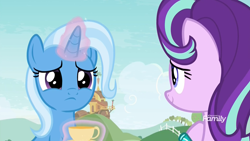 Size: 1920x1080 | Tagged: safe, screencap, character:starlight glimmer, character:trixie, species:pony, species:unicorn, episode:student counsel, cup, cute, diatrixes, discovery family logo, female, frown, glowing horn, horn, magic, magic aura, mare, puppy dog eyes, sweet apple acres, teacup, telekinesis