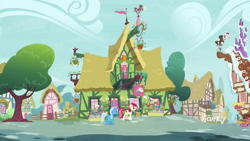 Size: 1920x1080 | Tagged: safe, screencap, character:roseluck, character:trixie, species:earth pony, species:pony, species:unicorn, episode:student counsel, duo, female, flower shop, mare, ponyville, sugarcube corner, trough, water pump, water trough