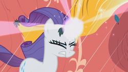 Size: 1280x720 | Tagged: safe, screencap, character:rarity, species:pony, species:unicorn, episode:look before you sleep, g4, my little pony: friendship is magic, eyes closed, female, glowing horn, golden oaks library, horn, magic, mare, solo