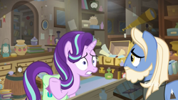 Size: 1920x1080 | Tagged: safe, screencap, character:starlight glimmer, species:earth pony, species:pony, species:unicorn, episode:student counsel, alarm clock, antique store, barrel, book, bookshelf, bottle, candle, candlestick, clock, cup, female, jar, lamp, lantern, male, mare, medal, mirror, nervous, picture frame, pot, potion, radio, scroll, shop, stallion, suitcase, summit point, teacup, telescope, worried