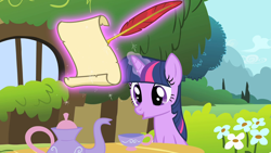 Size: 1280x720 | Tagged: safe, screencap, character:twilight sparkle, character:twilight sparkle (unicorn), species:pony, species:unicorn, episode:stare master, g4, my little pony: friendship is magic, cup, female, flower, fluttershy's cottage, levitation, magic, scroll, solo, table, teacup, teapot, telekinesis
