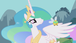 Size: 1280x720 | Tagged: safe, screencap, character:princess celestia, species:alicorn, species:pony, episode:swarm of the century, g4, my little pony: friendship is magic, crown, female, jewelry, parasprite, regalia