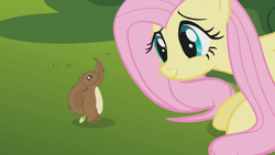 Size: 1280x720 | Tagged: safe, screencap, character:fluttershy, species:pegasus, species:pony, episode:swarm of the century, g4, my little pony: friendship is magic, cute, dandelion, female, shyabetes, smiling, squirrel