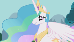 Size: 1280x720 | Tagged: safe, screencap, character:princess celestia, species:alicorn, species:pony, episode:swarm of the century, g4, my little pony: friendship is magic, crown, disappointed, ethereal mane, female, flowing mane, jewelry, mare, regalia, solo, spread wings, wings