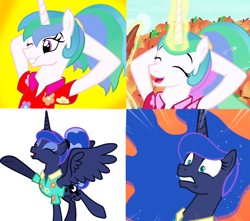 Size: 1700x1500 | Tagged: safe, artist:brisineo, artist:katya, artist:kojibiose, screencap, character:princess celestia, character:princess luna, species:pony, episode:between dark and dawn, g4, my little pony: friendship is magic, my little pony:equestria girls, arm behind head, cropped, equestria girls ponified, ponified, summer solstice (character)