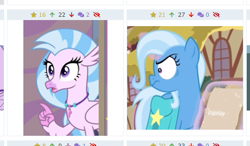 Size: 535x313 | Tagged: safe, screencap, character:silverstream, character:trixie, species:classical hippogriff, species:hippogriff, derpibooru, episode:student counsel, angry, confused, cropped, faec, female, i have several questions, juxtaposition, magic, meta, open mouth, pointing, raised finger, reaction image, shrunken pupils, solo, speechless, surprised, wide eyes