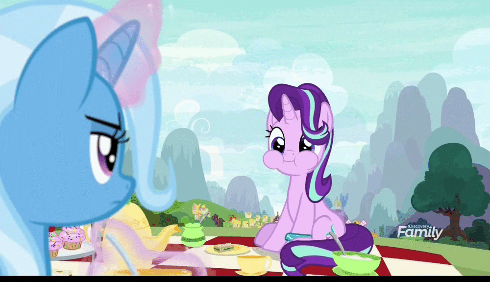 Size: 1000x575 | Tagged: safe, screencap, character:starlight glimmer, character:trixie, species:pony, species:unicorn, episode:student counsel, animated, annoyed, aweeg*, chewing, chipmunk cheeks, cucumber sandwiches, cup, cupcake, cute, discovery family logo, duo, eating, female, food, gif, glimmerbetes, glowing horn, happy, horn, magic, mare, picnic, picnic blanket, puffy cheeks, sandwich, sitting, teacup, teapot, unamused