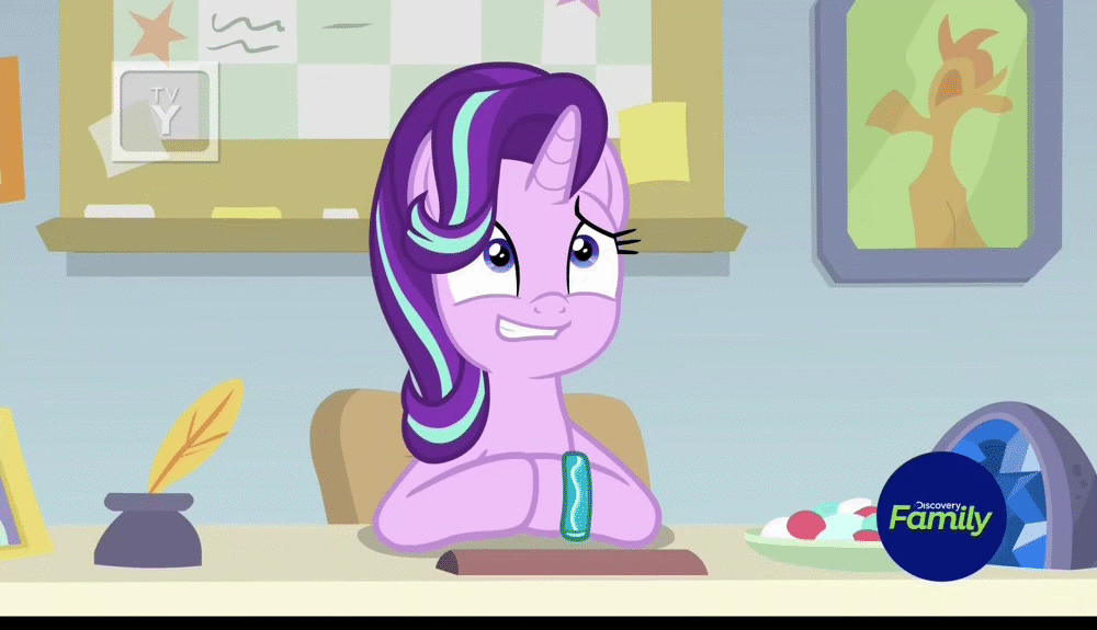 Size: 1000x575 | Tagged: safe, screencap, character:starlight glimmer, species:pony, species:unicorn, episode:student counsel, animated, blinking, cute, discovery family logo, female, floppy ears, fourth wall, gif, glimmerbetes, grin, josh haber, looking at you, mare, nervous grin, quill, sheepish grin, smiling