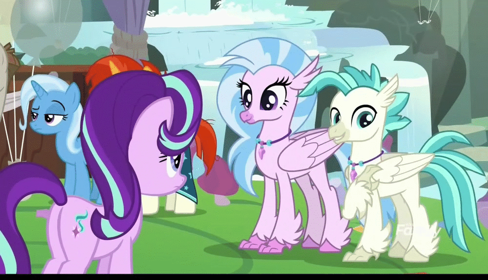 Size: 1000x575 | Tagged: safe, screencap, character:silverstream, character:starlight glimmer, character:terramar, character:trixie, episode:student counsel, animated, balloon, brother and sister, butt, cute, diastreamies, female, male, plot, siblings, terrabetes, waterfall
