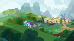 Size: 1920x1080 | Tagged: safe, screencap, character:starlight glimmer, character:trixie, species:pony, species:unicorn, episode:student counsel, apple tree, bracelet, duo, female, fence, jewelry, mare, mountain, ponyville, ponyville town hall, scenery, town, tree, windmill