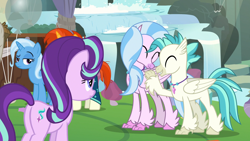 Size: 1920x1080 | Tagged: safe, screencap, character:silverstream, character:starlight glimmer, character:sunburst, character:terramar, character:trixie, species:classical hippogriff, species:hippogriff, species:pony, species:unicorn, episode:student counsel, brother and sister, butt, cute, diastreamies, female, glimmer glutes, male, mare, plot, siblings, terrabetes