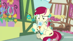 Size: 1920x1080 | Tagged: safe, screencap, character:roseluck, species:earth pony, species:pony, episode:student counsel, animated, cute, cuteluck, dawwww, fail, female, flower, glue, glue bottle, mare, mouth hold, rosabetes, silly, silly pony, solo, sound, stick, webm