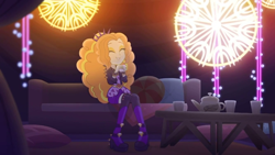 Size: 1336x752 | Tagged: safe, screencap, character:adagio dazzle, episode:find the magic, g4, my little pony:equestria girls, bracelet, clothing, couch, cup, headband, jacket, jewelry, leather jacket, pillow, pose, shorts, spiked headband, spiked wristband, table, tea set, teacup, wristband