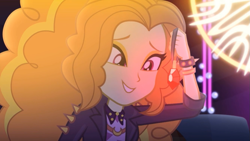 Size: 1027x578 | Tagged: safe, screencap, character:adagio dazzle, episode:find the magic, g4, my little pony:equestria girls, adoragio, beautiful, bracelet, clothing, cute, gem, jacket, jewelry, leather jacket, looking at something, siren gem, smiling, solo, spiked wristband, when she smiles, wristband
