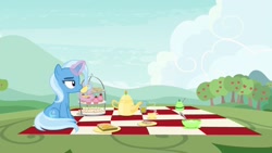 Size: 1920x1080 | Tagged: safe, screencap, character:trixie, species:pony, episode:student counsel, cup, cupcake, food, kettle, magic, picnic blanket, sandwich, solo, teacup