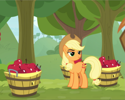 Size: 1181x939 | Tagged: safe, screencap, character:applejack, species:earth pony, species:pony, episode:going to seed, g4, my little pony: friendship is magic, apple, basket, bushel basket, cropped, food, lidded eyes, smiling, smirk, smug, solo