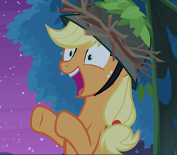 Size: 1071x939 | Tagged: safe, screencap, character:applejack, species:earth pony, species:pony, episode:going to seed, g4, my little pony: friendship is magic, clothing, cropped, hat, open mouth, snapplejack, solo, wide eyes