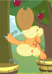 Size: 536x758 | Tagged: safe, screencap, character:applejack, species:earth pony, species:pony, episode:going to seed, g4, my little pony: friendship is magic, basket, bushel basket, cropped, female, flying kick, mare, martial arts, midair, raised leg, rear view, roundhouse kick, solo, underhoof
