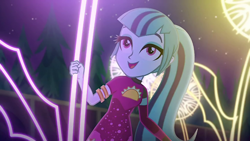 Size: 1280x720 | Tagged: safe, screencap, character:sonata dusk, episode:find the magic, g4, my little pony:equestria girls, armband, beautiful, clothing, cute, dress, night, ponytail, smiling, solo, sonatabetes, stars, taco dress, tree, when she smiles