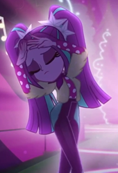 Size: 448x658 | Tagged: safe, screencap, character:aria blaze, episode:find the magic, g4, my little pony:equestria girls, alternate clothes, clothing, cropped, dancing, eyes closed, female, pigtails, polka dots, ponytails, pose, solo