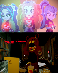 Size: 1336x1692 | Tagged: safe, artist:optimussparkle, screencap, character:adagio dazzle, character:aria blaze, character:sonata dusk, non-mlp oc, oc, episode:find the magic, g4, my little pony:equestria girls, 2019, 3d, barely eqg related, five nights at freddy's, non-pony oc, source filmmaker, the dazzlings, the dazzlings have returned