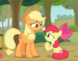 Size: 1207x940 | Tagged: safe, screencap, character:apple bloom, character:applejack, species:earth pony, species:pony, episode:going to seed, g4, my little pony: friendship is magic, apple sisters, cropped, duo, female, filly, foal, hooves together, mare, pleading, siblings, sisters, sitting