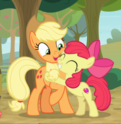 Size: 916x937 | Tagged: safe, screencap, character:apple bloom, character:applejack, species:earth pony, species:pony, episode:going to seed, g4, my little pony: friendship is magic, adorabloom, apple sisters, cheek squish, cropped, cute, duo, eyes closed, female, filly, foal, hug, jackabetes, mare, open mouth, raised hoof, siblings, sisters, smiling, squishy cheeks