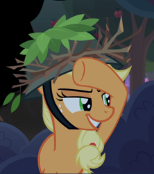 Size: 806x909 | Tagged: safe, screencap, character:applejack, species:earth pony, species:pony, episode:going to seed, g4, my little pony: friendship is magic, clothing, cropped, female, freckles, hat, mare, narrowed eyes, raised hoof, smiling, smirk, solo