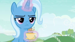 Size: 1920x1080 | Tagged: safe, screencap, character:trixie, species:pony, species:unicorn, episode:student counsel, cup, female, magic, magic aura, mare, solo, teacup, telekinesis, unamused