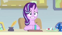 Size: 1280x720 | Tagged: safe, screencap, character:starlight glimmer, species:pony, episode:student counsel, awkward smile, bracelet, hooves together, jewelry, solo